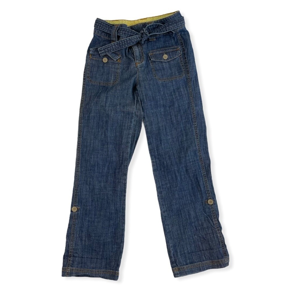 Cherokee Girls Denim Blue Jeans With Belt Roll Tab Bottom Size 8 Cotton Blend
